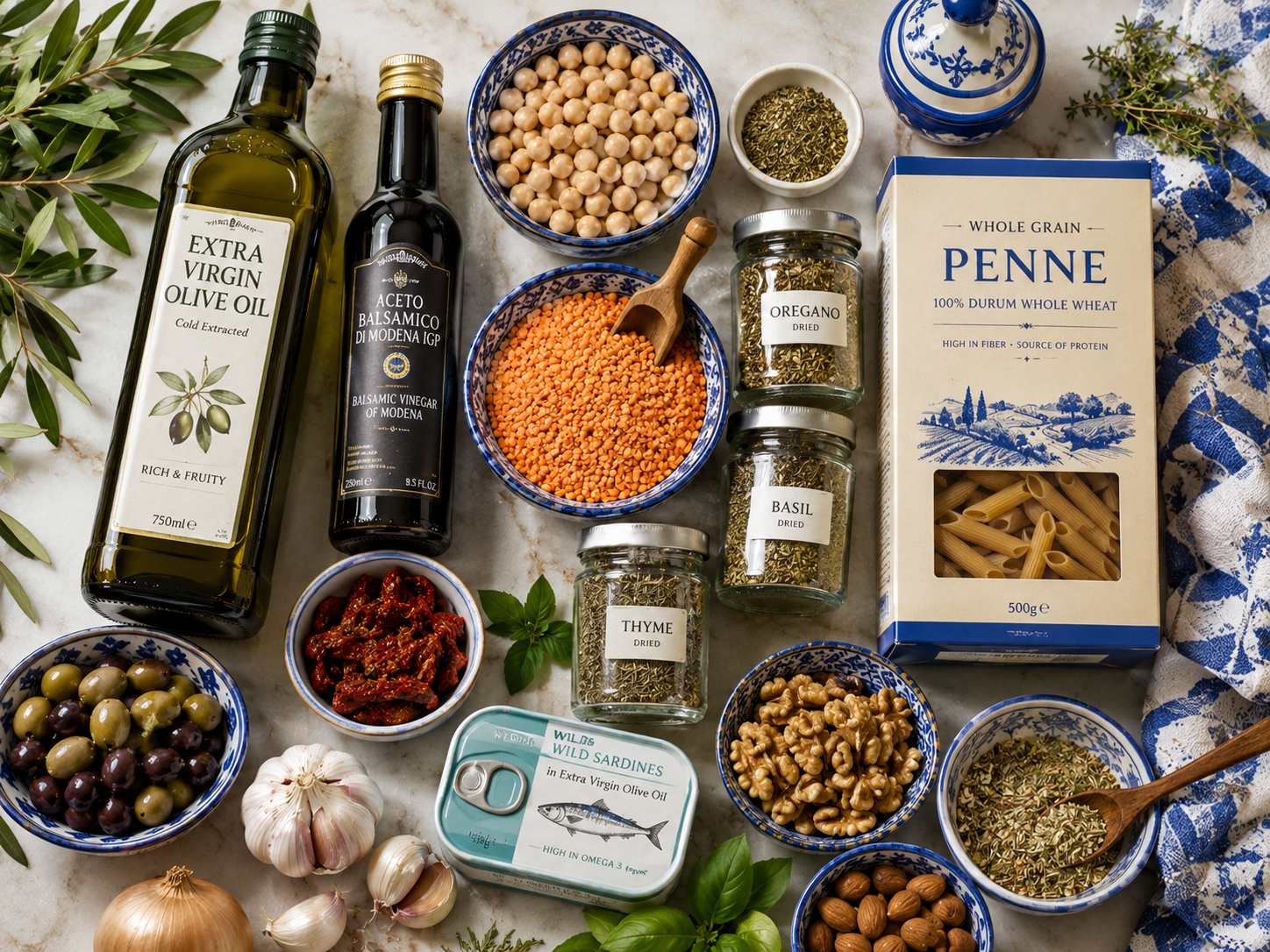 Mediterranean diet pantry essentials for weight loss including extra virgin olive oil, dried legumes, whole grain pasta, balsamic vinegar, Mediterranean herbs, garlic, canned fish, and nuts organized on table