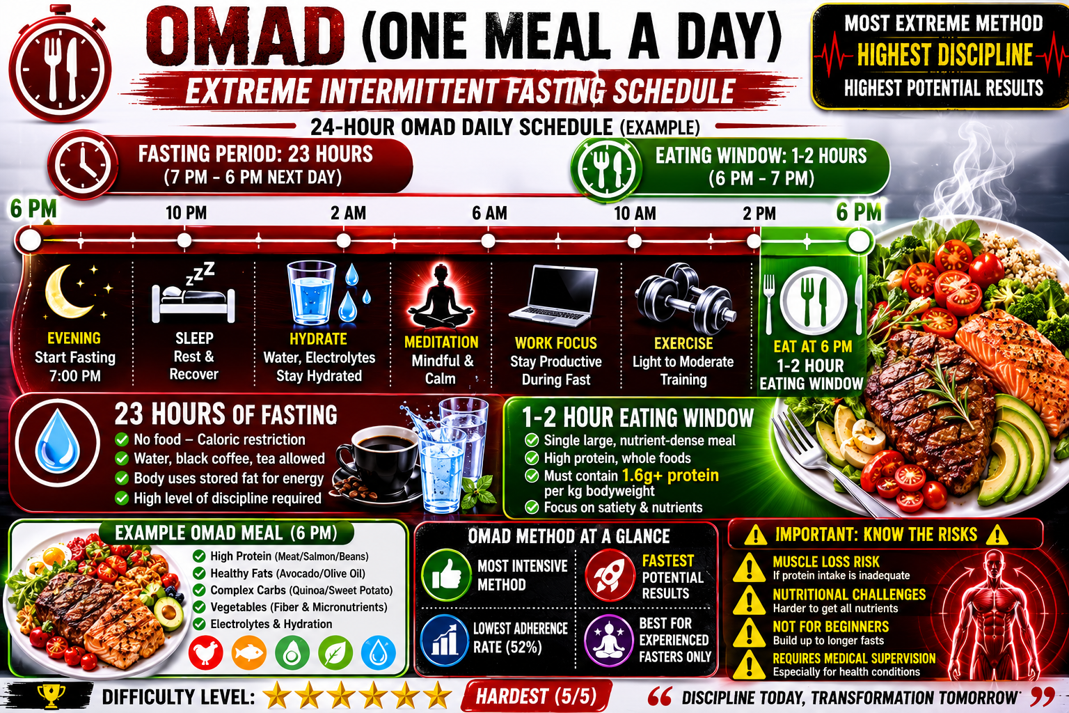OMAD one meal a day intermittent fasting schedule showing 23-hour fasting period with only water and black coffee allowed, and 1-2 hour eating window with single large protein-rich meal required, marked as most difficult method