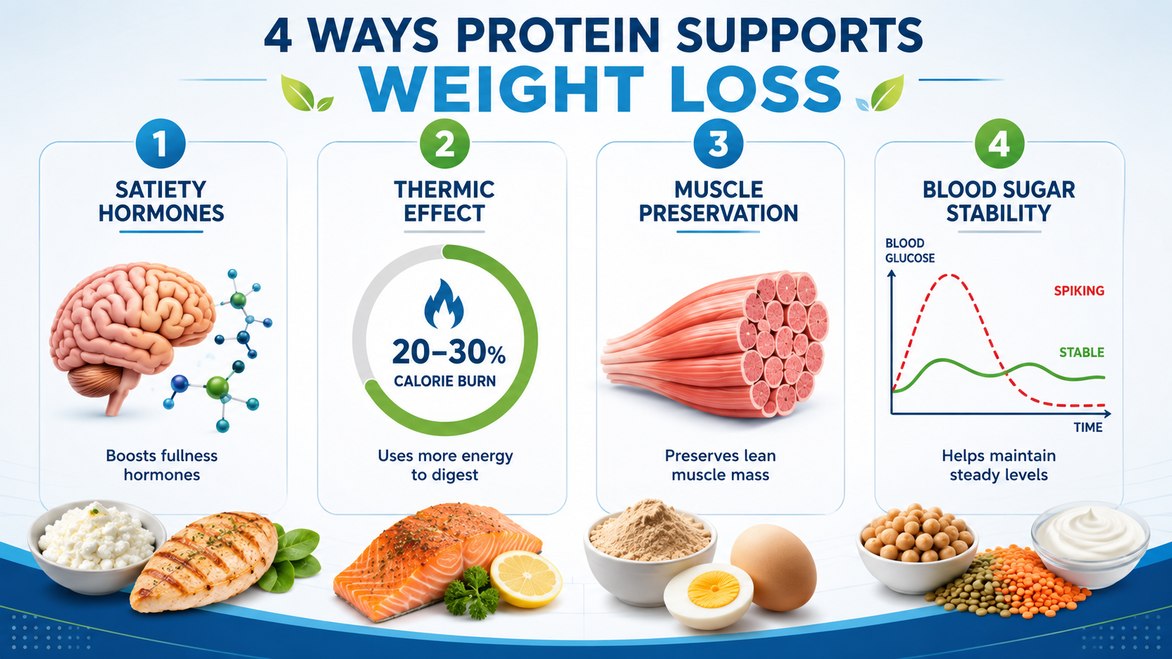 Diagram illustrating four mechanisms of protein for weight loss: increased satiety through hormones, thermic effect of food (20-30% calories burned digesting protein), muscle preservation during caloric deficit, and blood sugar stabilization.