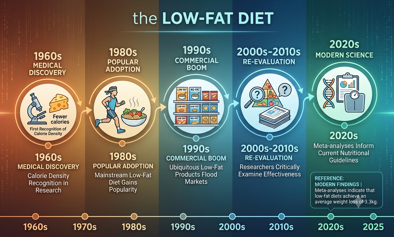 Timeline showing the historical development of low fat diet for weight loss from 1960s medical discoveries through 2025 scientific validation