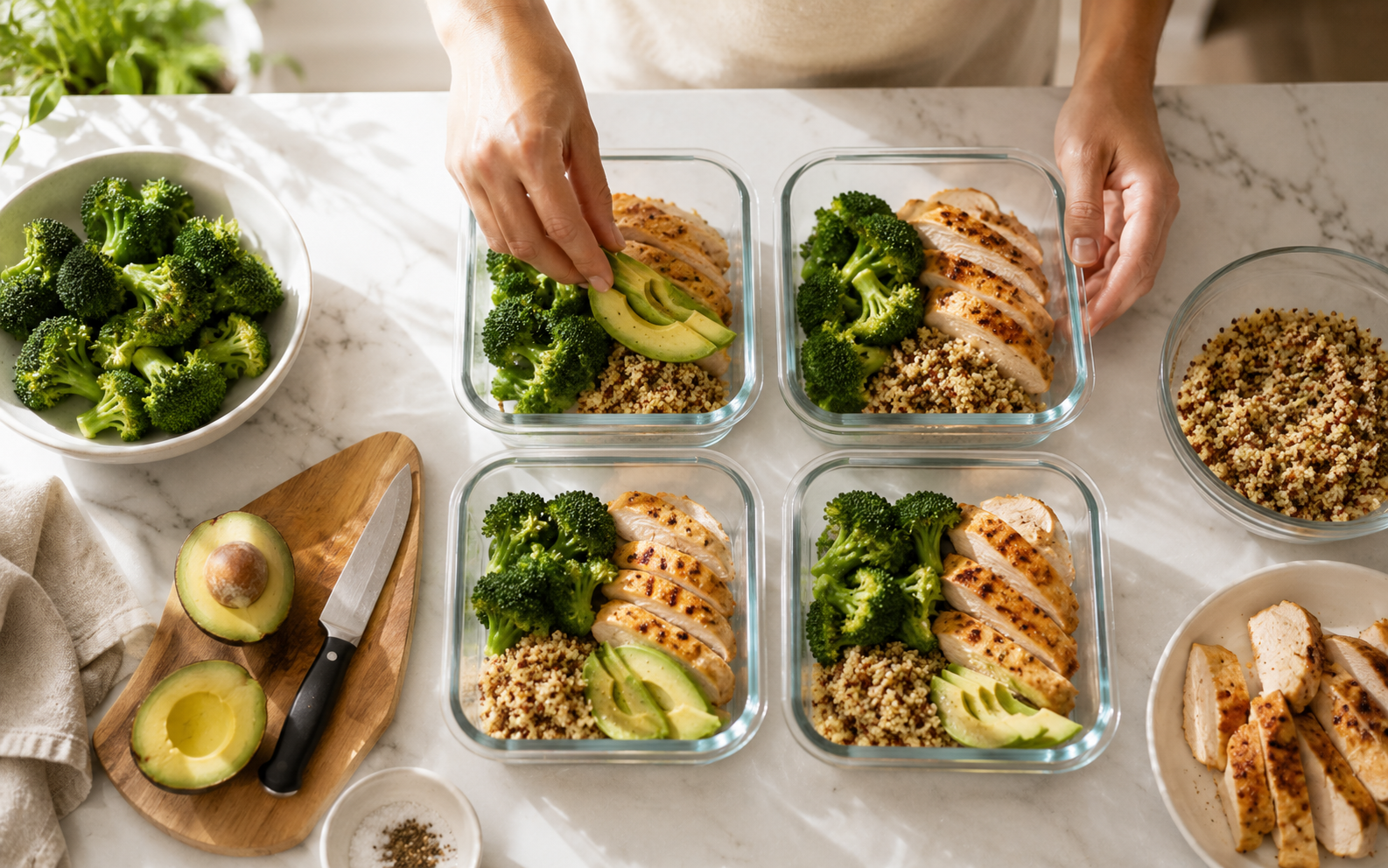 Meal prepping high-protein balanced meals into glass containers as a strategy for making a calculated calorie deficit sustainable long term
