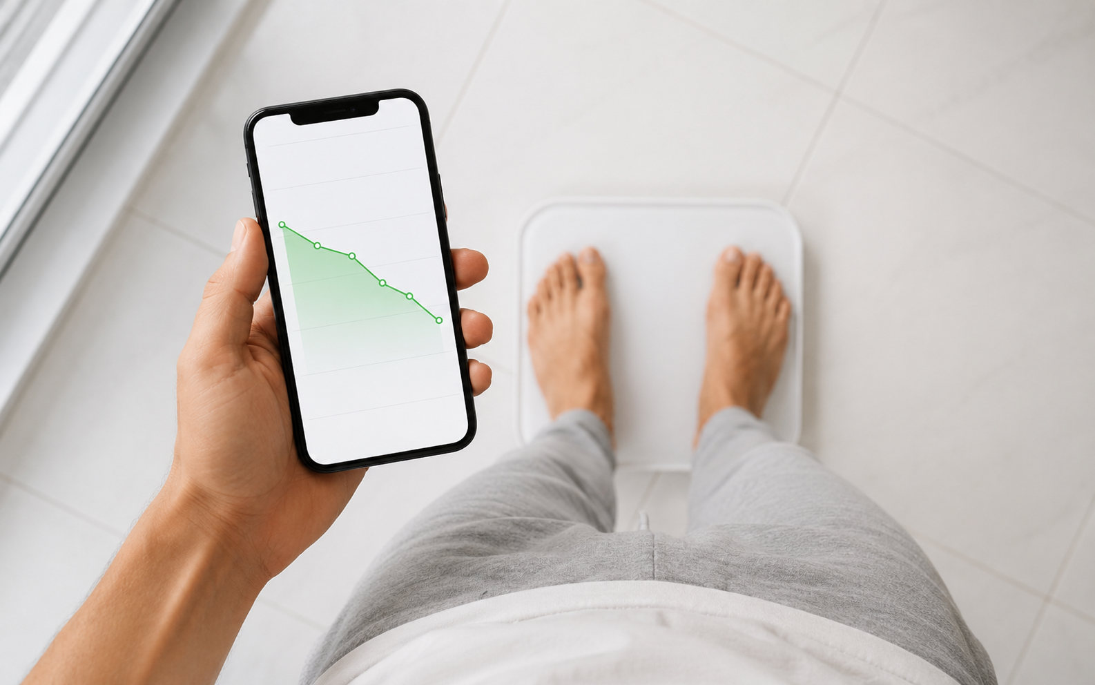 Person weighing themselves on a bathroom scale while tracking a weekly weight loss trend on a phone — the key habit for adjusting your calculated calorie deficit