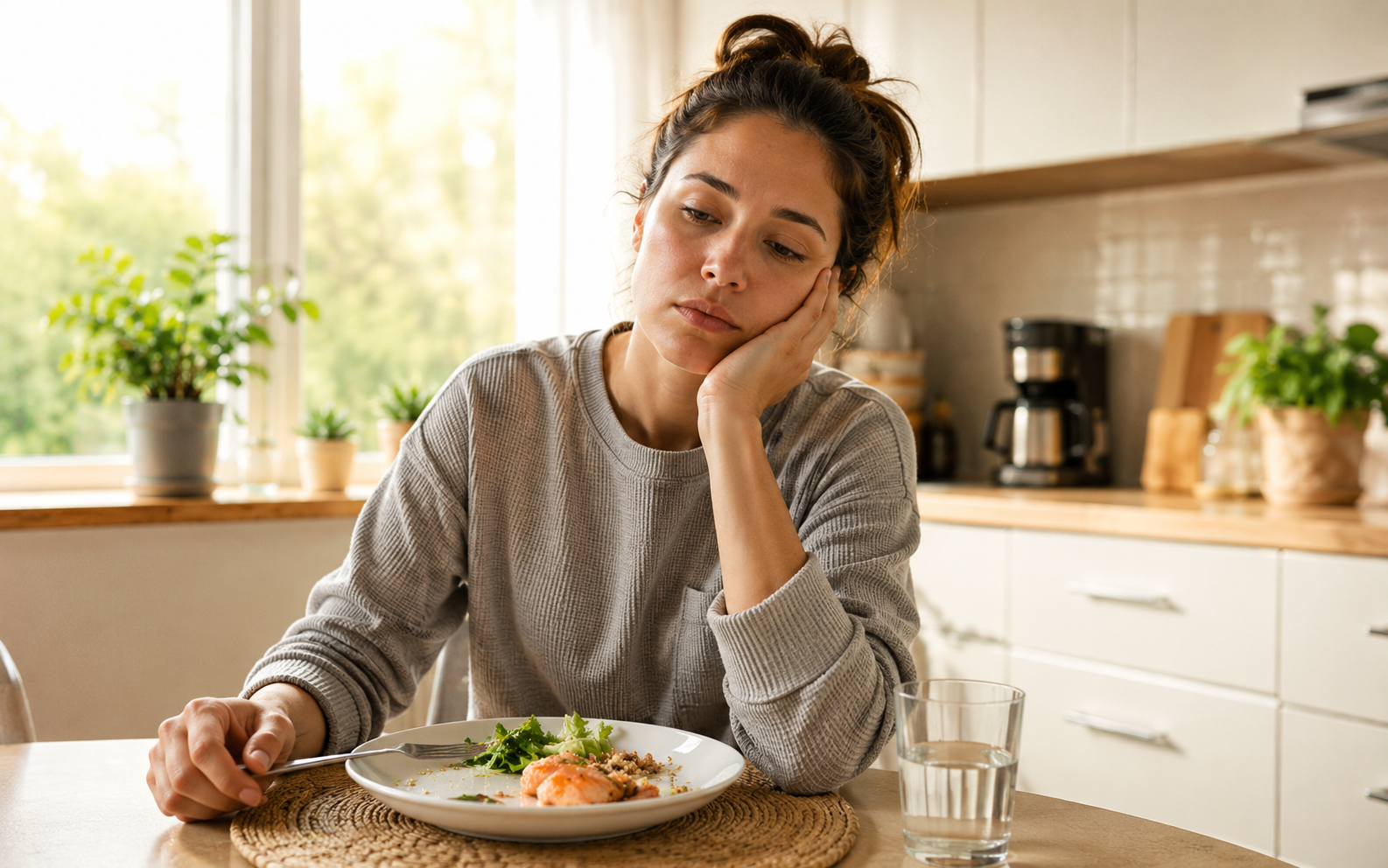 A tired woman at a kitchen table with a healthy meal — representing the warning signs that maintaining nutrition has slipped during calorie restriction, including persistent fatigue