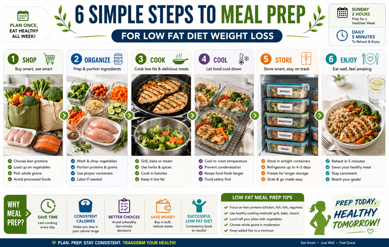 Step-by-step meal preparation guide for low fat diet weight loss showing food storage containers, weekly organization, and portion-controlled meals