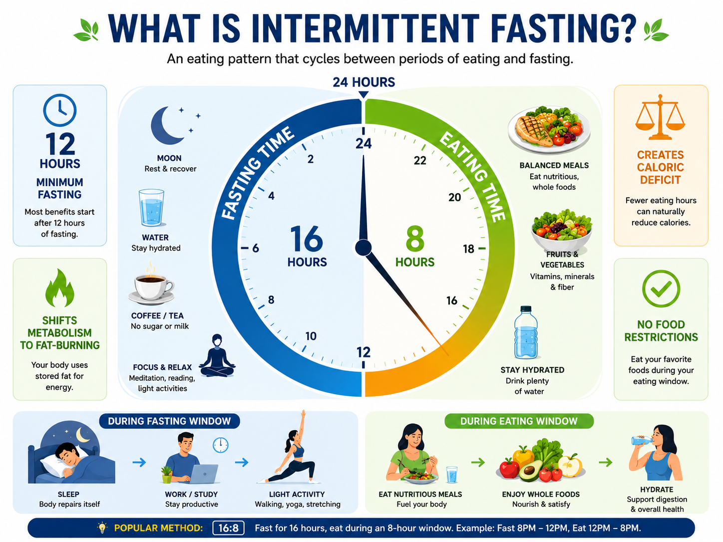 Infographic explaining intermittent fasting basics: 24-hour cycle divided into fasting period (12+ hours) and eating window, showing that intermittent fasting is about when you eat, not what you eat