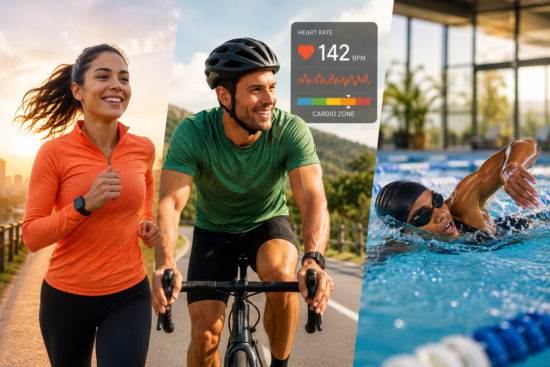 Three adults engaged in different cardio activities—running, cycling, and swimming—representing the variety of cardiovascular exercise options for weight loss. Cardio for weight loss