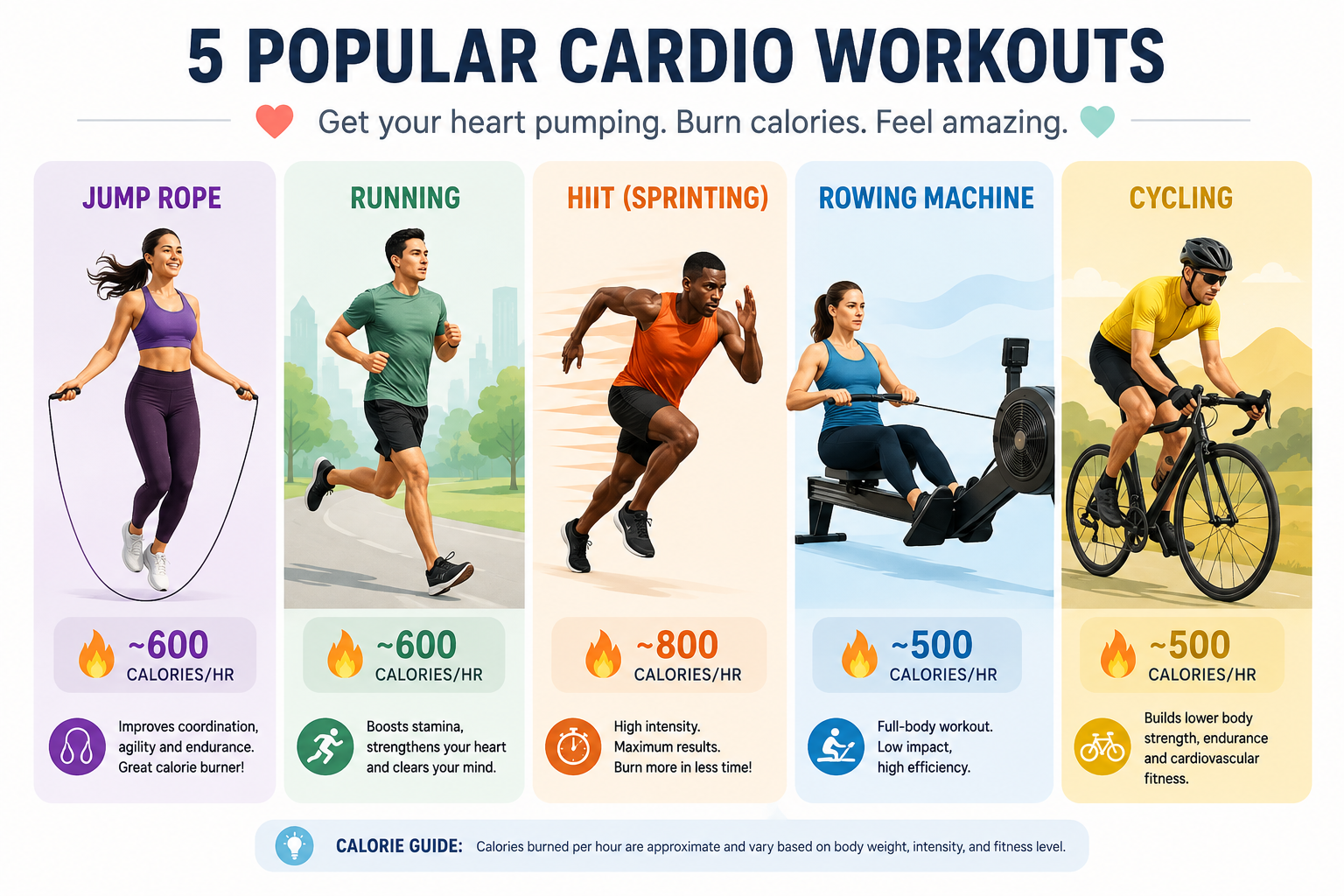 Comparison of five cardio types: jump rope, running, HIIT sprinting, rowing machine, and cycling, each shown with a person performing the exercise.