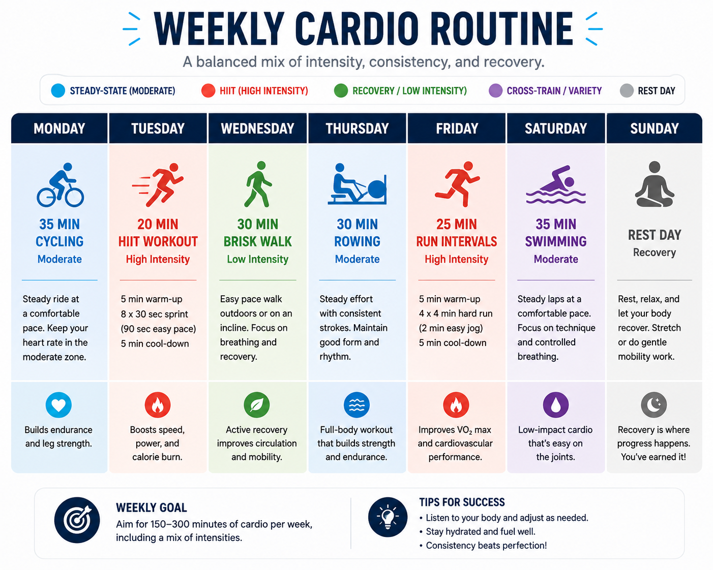Sample weekly cardio routine showing a balanced mix of steady-state, HIIT, and recovery cardio across seven days with specific durations and exercise types.