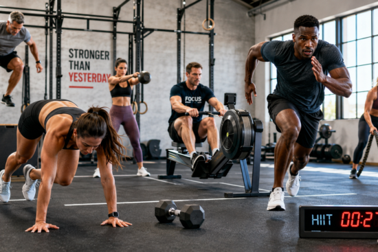 Diverse adults performing high-intensity interval training exercises including burpees, rowing, and sprinting in a modern gym with natural lighting