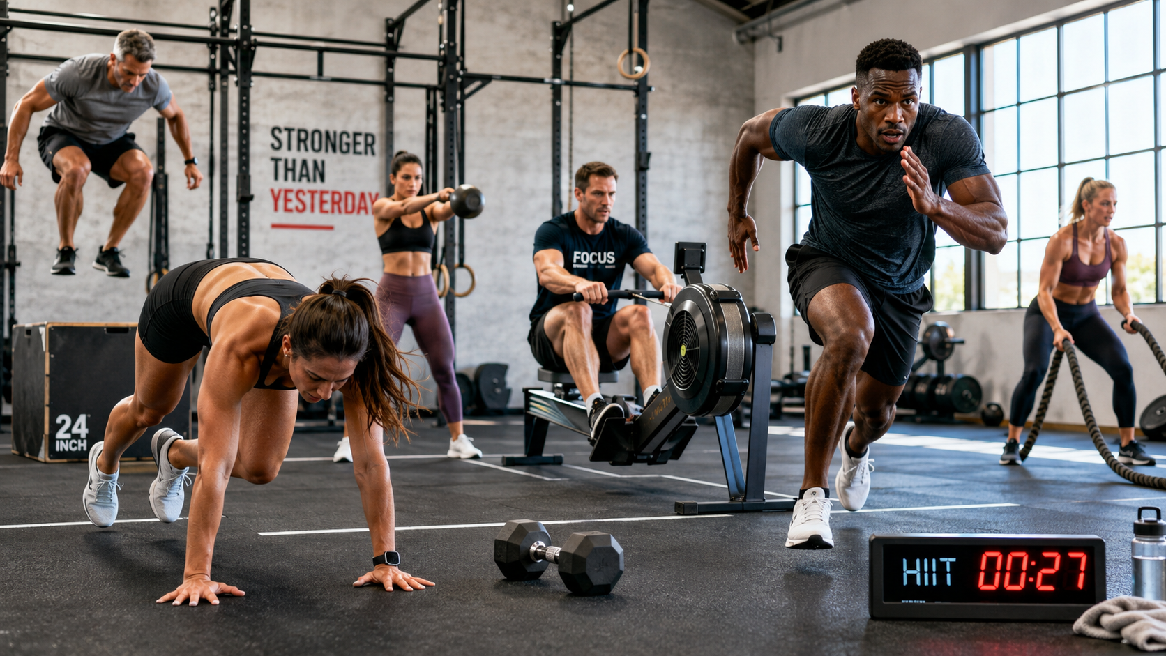 Diverse adults performing high-intensity interval training exercises including burpees, rowing, and sprinting in a modern gym with natural lighting
