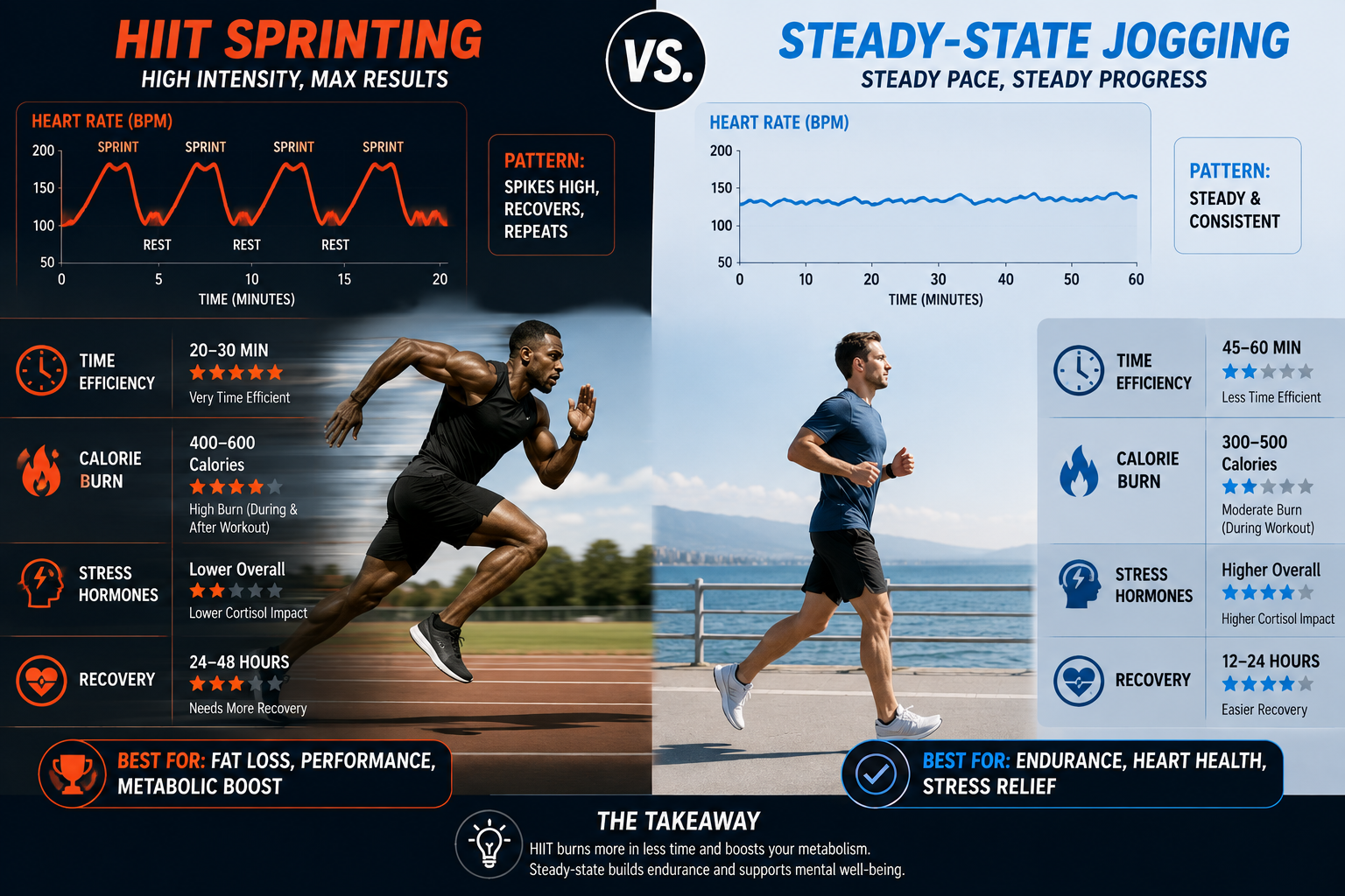 Comparison of HIIT versus steady-state cardio: HIIT shows intense, intermittent effort with spiked heart rate; steady-state cardio shows consistent, moderate effort with stable heart rate