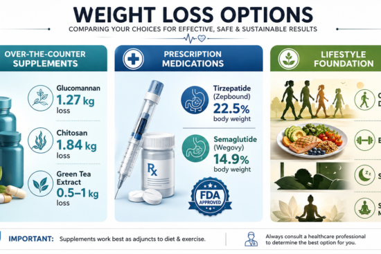 Infographic comparing weight loss methods: supplements (1-3 kg), prescription medications (14-22% body weight reduction), and lifestyle changes (diet, exercise, sleep, stress management) forming the foundation. Weight loss supplement