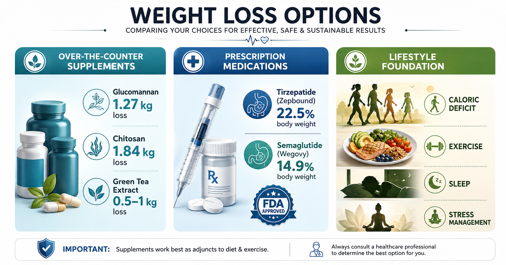 Infographic comparing weight loss methods: supplements (1-3 kg), prescription medications (14-22% body weight reduction), and lifestyle changes (diet, exercise, sleep, stress management) forming the foundation. Weight loss supplement