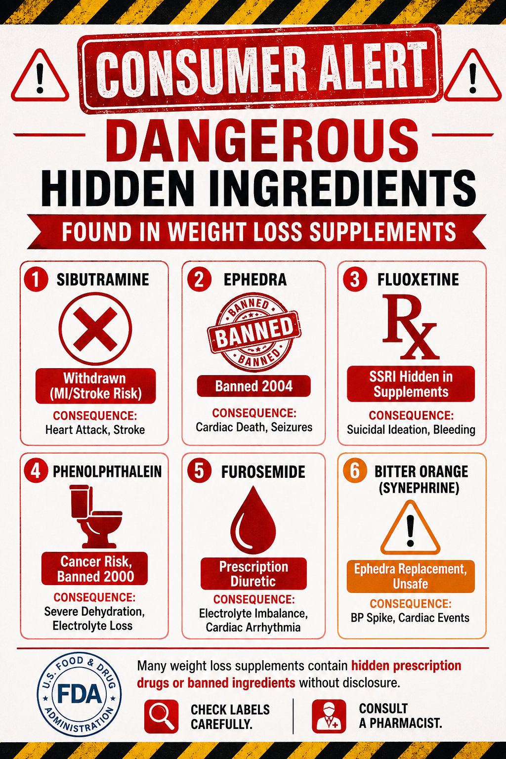 Warning infographic highlighting banned and dangerous hidden ingredients found in some weight loss supplements, including sibutramine (heart attack/stroke risk), ephedra, fluoxetine (SSRI antidepressant), phenolphthalein, furosemide (diuretic), and bitter orange, with associated health consequences.