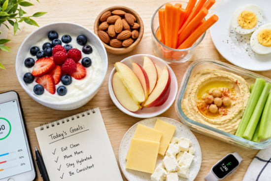 "Flat-lay arrangement of healthy snacks for weight loss including Greek yogurt with berries, almonds, apple slices, carrot sticks, hard-boiled eggs, and hummus on a light wood surface"