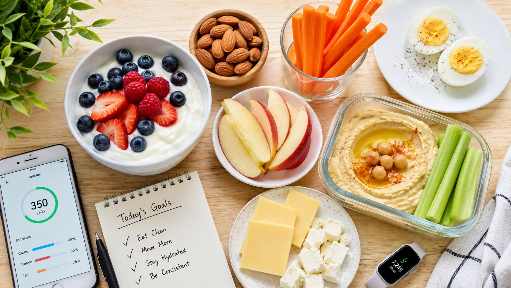 "Flat-lay arrangement of healthy snacks for weight loss including Greek yogurt with berries, almonds, apple slices, carrot sticks, hard-boiled eggs, and hummus on a light wood surface"