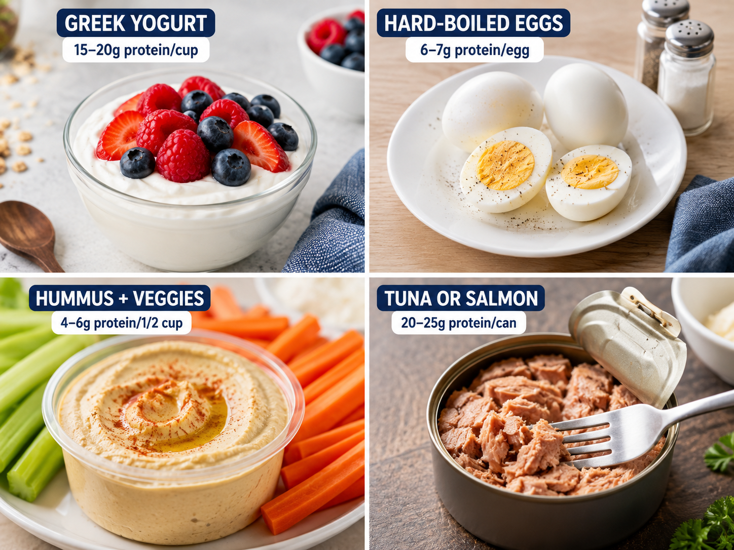 "Four protein-rich snack options for weight loss: Greek yogurt with berries, hard-boiled eggs, hummus with vegetable sticks, and canned tuna—each labeled with protein content"