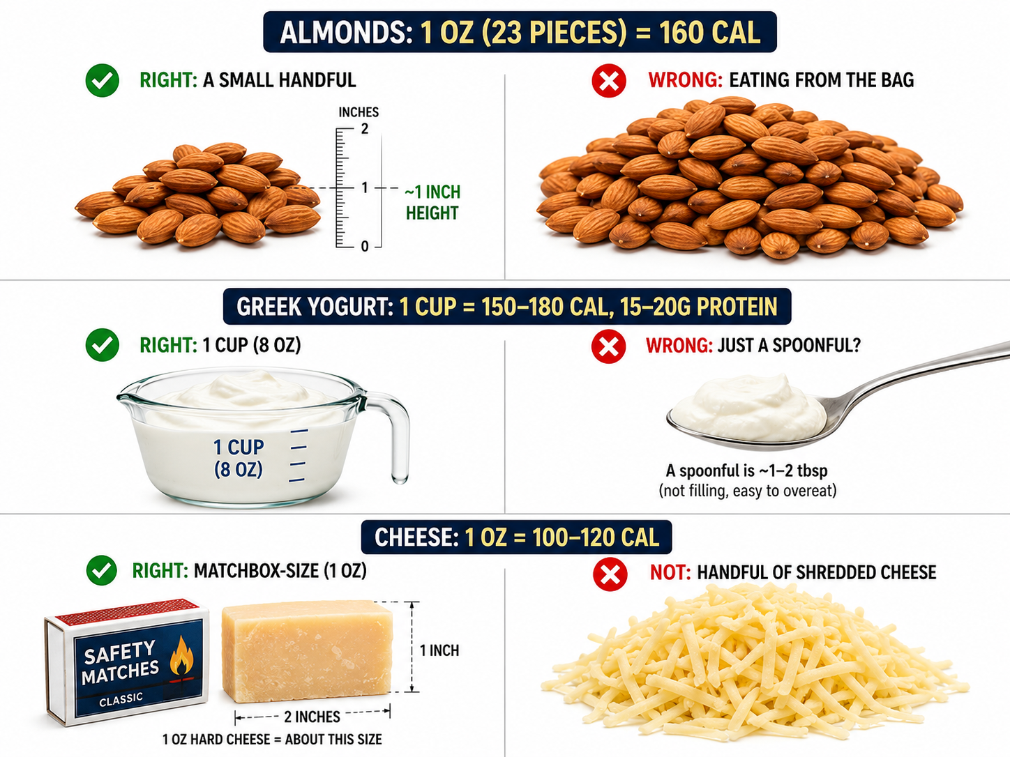"Visual portion-size guide for weight-loss snacks showing correct servings: 1 oz almonds in small handful, 1 cup Greek yogurt in bowl, 1 oz cheese next to matchbox for scale"