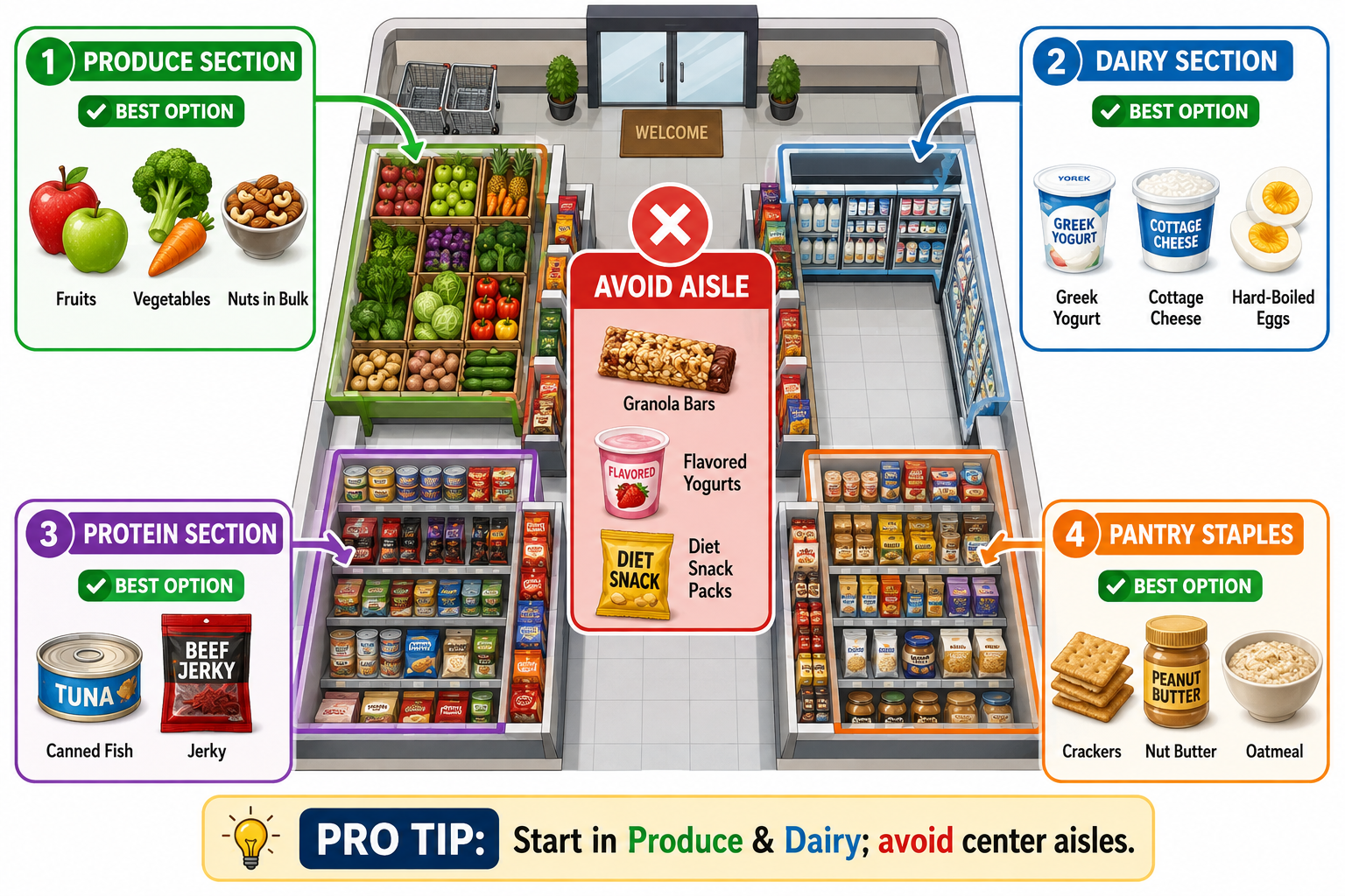 "Grocery store layout map highlighting best sections for healthy weight-loss snacks: produce (green), dairy (blue), protein (purple), and pantry staples (orange), with a red 'avoid' zone for processed snack foods"