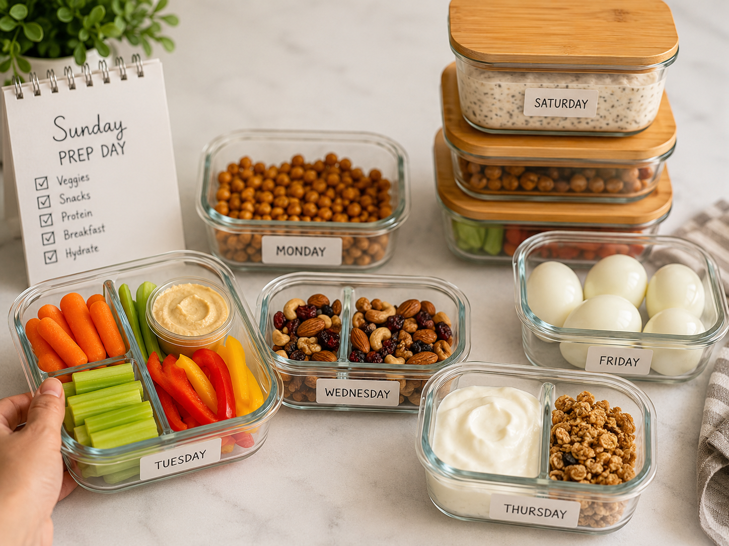 "Six meal-prep containers filled with prepared healthy snacks for the week: vegetable packs with hummus, roasted chickpeas, homemade trail mix, Greek yogurt with granola, hard-boiled eggs, and overnight oats in mason jars"