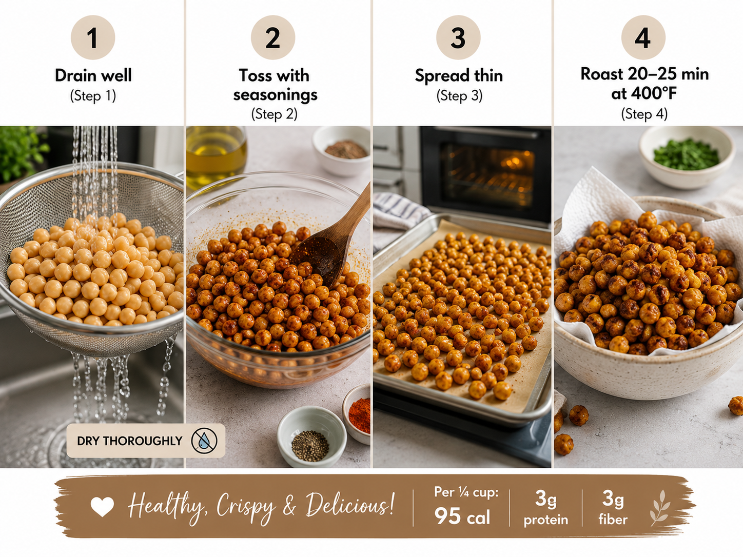 "Four-step visual guide to making roasted chickpea chips: draining chickpeas, tossing with oil and spices, spreading on baking sheet, and finished roasted result. Final nutrition: 95 calories and 3g protein per ¼ cup"