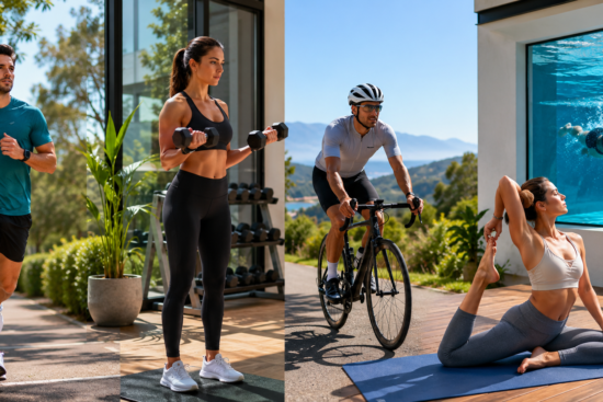 A diverse group of people performing different weight-loss exercises: running, strength training with dumbbells, cycling, yoga, and swimming Exercise for weight loss