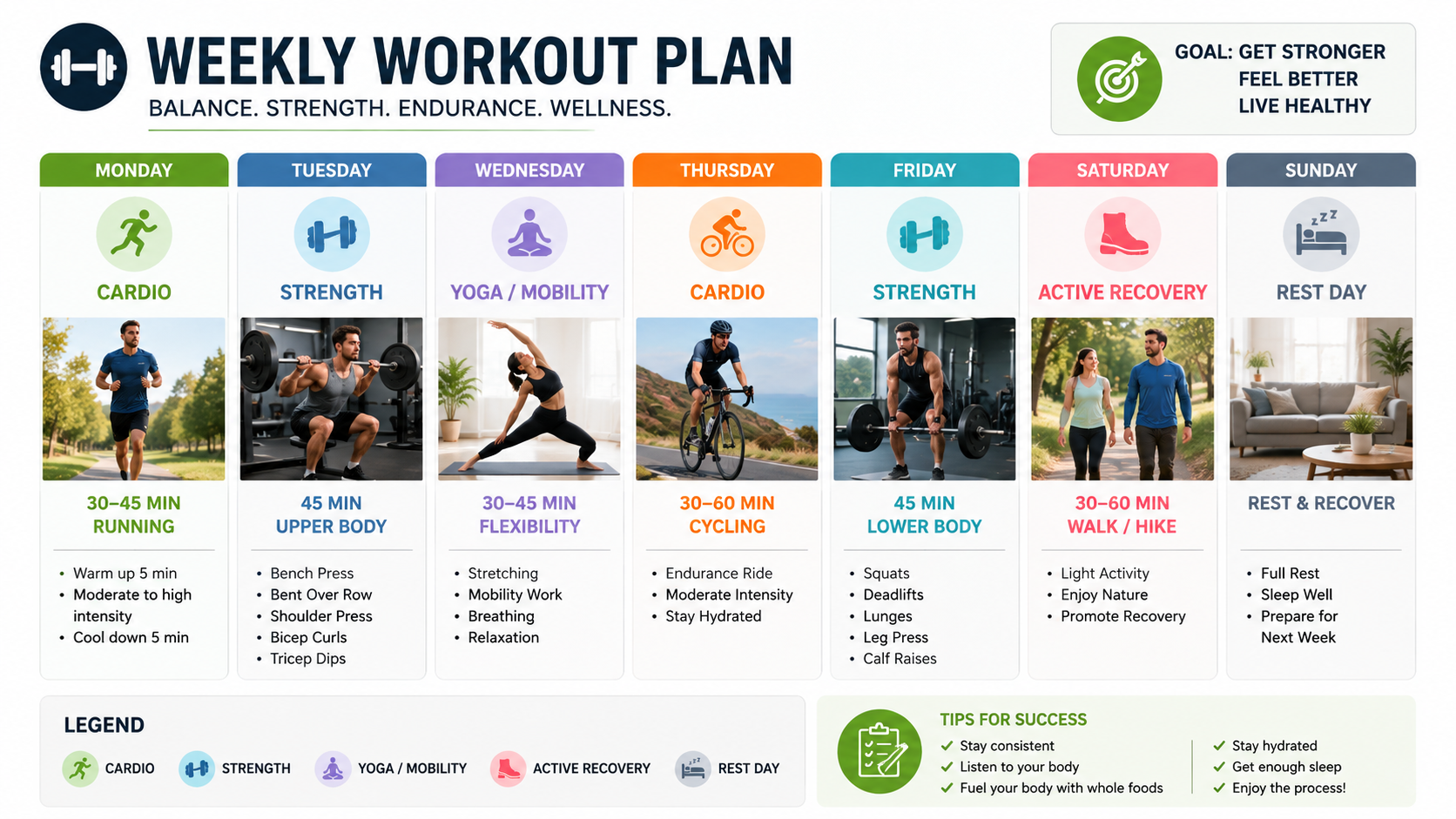 A weekly workout schedule showing a balanced mix of cardio, strength training, and rest days