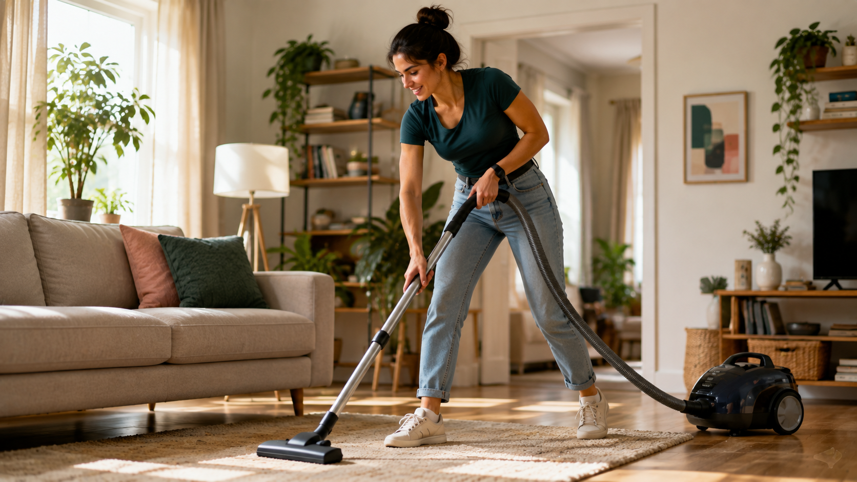 Person actively vacuuming a home as an example of household chores that burn calories