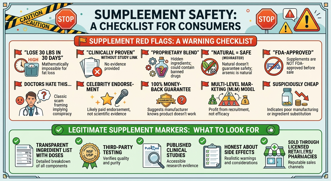 Infographic showing red flags indicating bogus weight loss supplements (exaggerated claims, proprietary blends, fake FDA approval, celebrity endorsements, MLM sales model) versus green flags of legitimate supplements (transparent ingredients, third-party testing, published clinical studies).