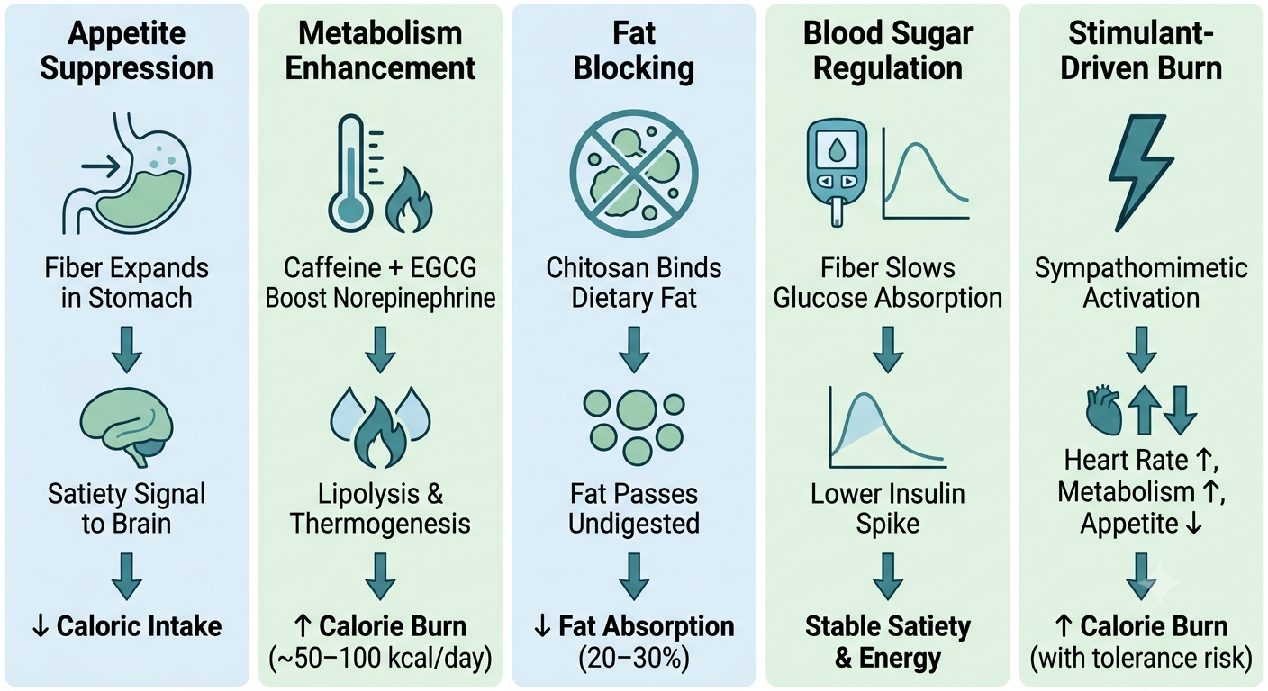 Diagram illustrating five mechanisms by which weight loss supplements work: appetite suppression via fiber expansion, metabolism enhancement via caffeine/green tea, fat absorption blocking via chitosan, blood sugar regulation, and stimulant-driven thermogenesis.