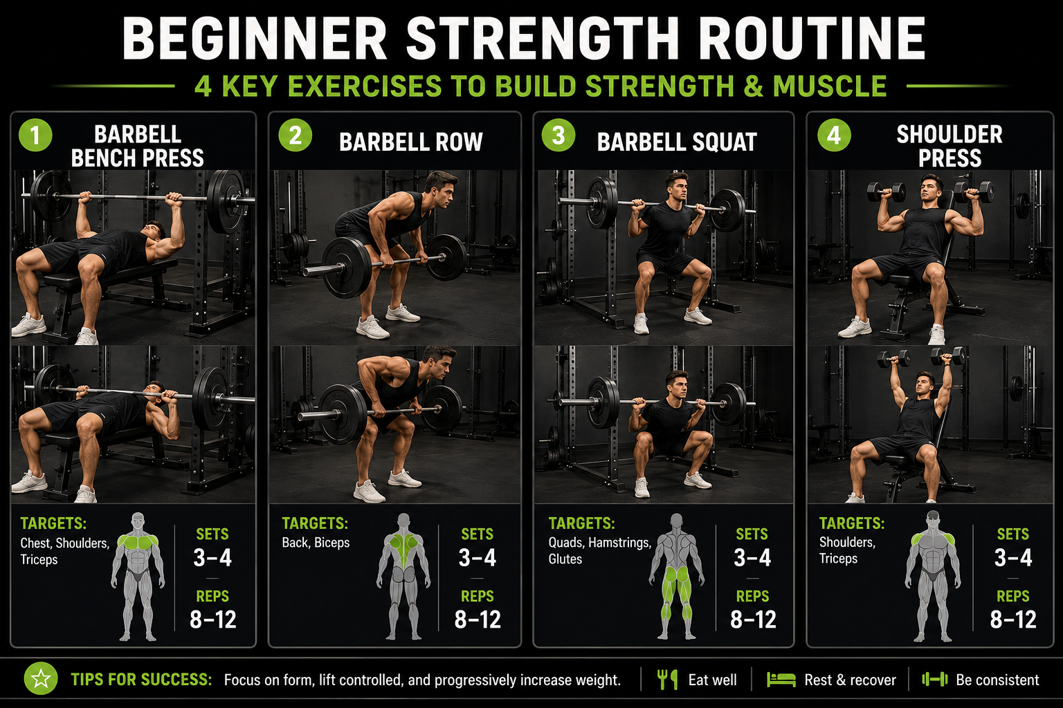 Illustration of four fundamental strength training exercises for beginners: bench press, rows, squats, and shoulder press, demonstrating proper form for each movement.