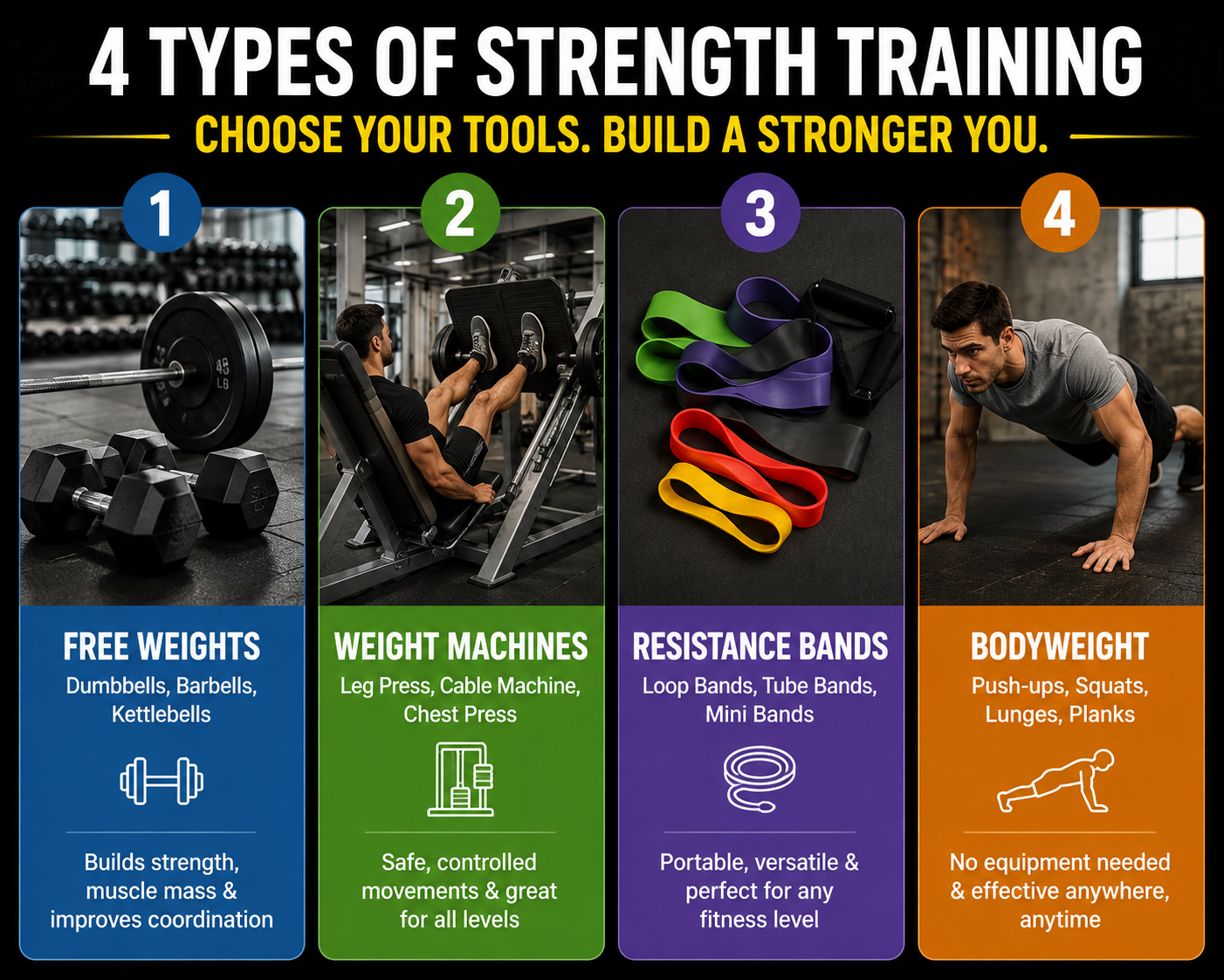 Grid showing four types of resistance training equipment: free weights (dumbbells and barbell), weight machines, resistance bands, and bodyweight exercises including push-ups.