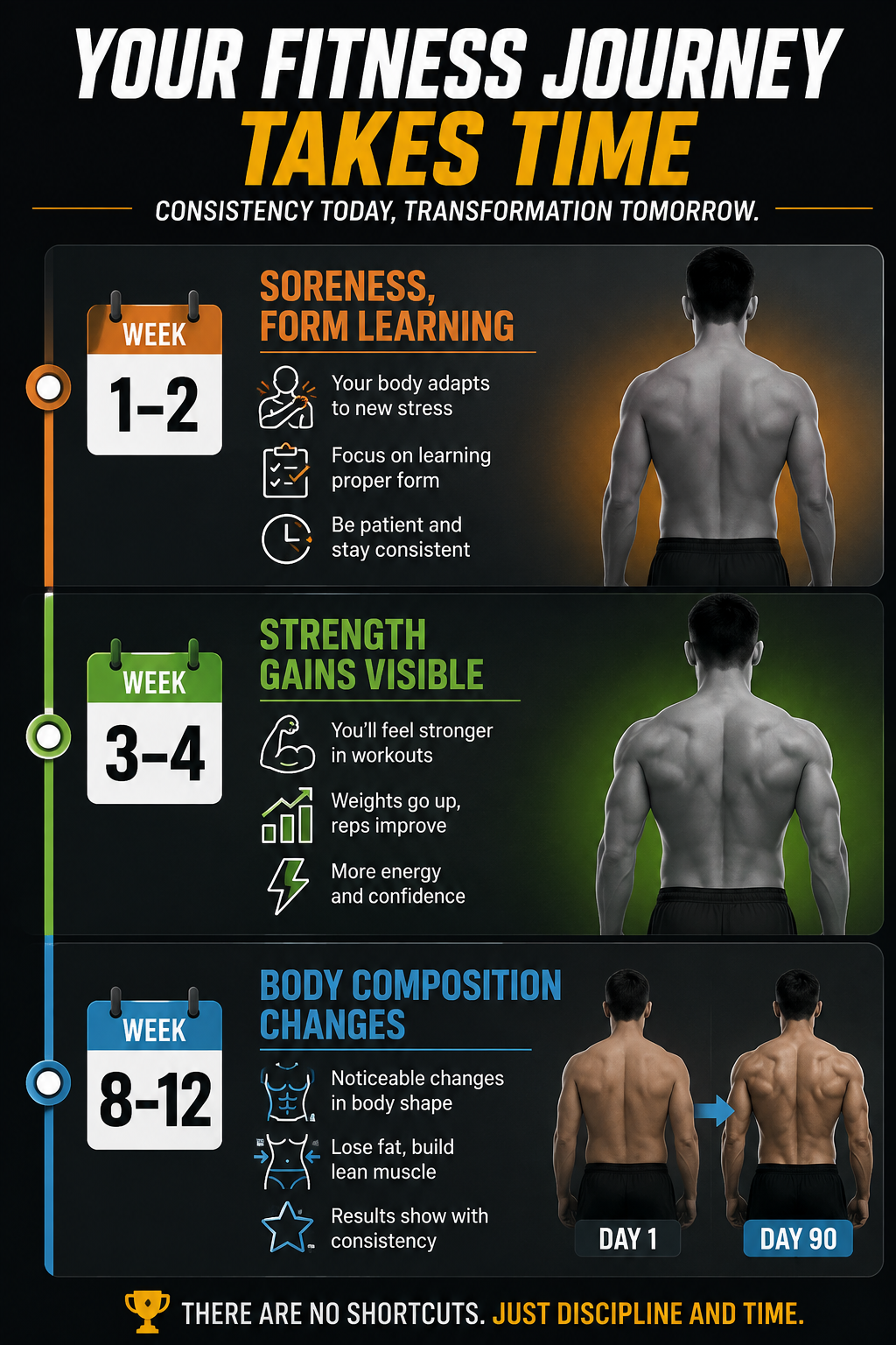 Timeline showing expected results from beginner strength training: weeks 1-2 focus on learning form, weeks 3-4 show strength improvements, and weeks 8-12 show visible body composition changes when combined with proper nutrition.