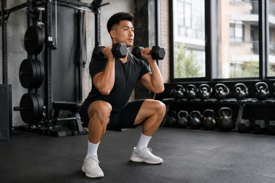 Adult performing a dumbbell squat exercise with proper form, demonstrating strength training for weight loss and muscle building.