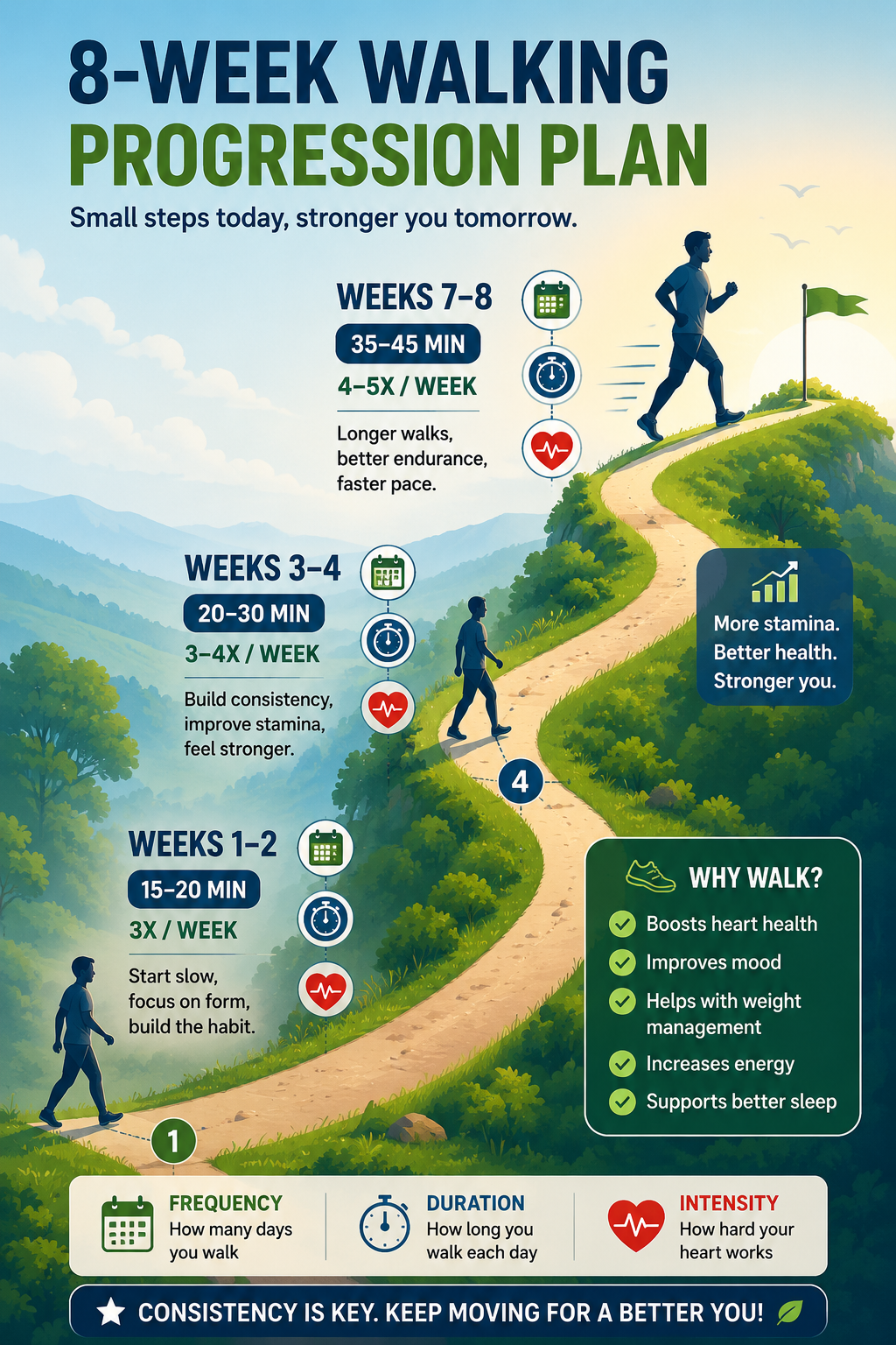 Progressive 8-week walking plan infographic showing gradual increases
in duration and frequency, from 15 minutes three times weekly to
45–60 minutes five times weekly.