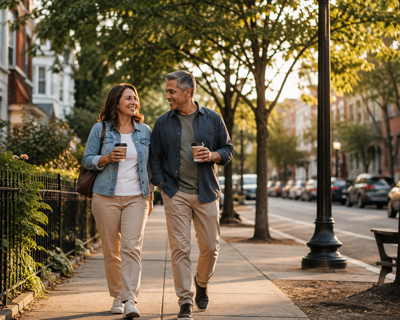 An adult walking through an urban neighborhood with coffee in hand,
demonstrating the accessibility and sustainable lifestyle approach
of daily walking for weight loss.