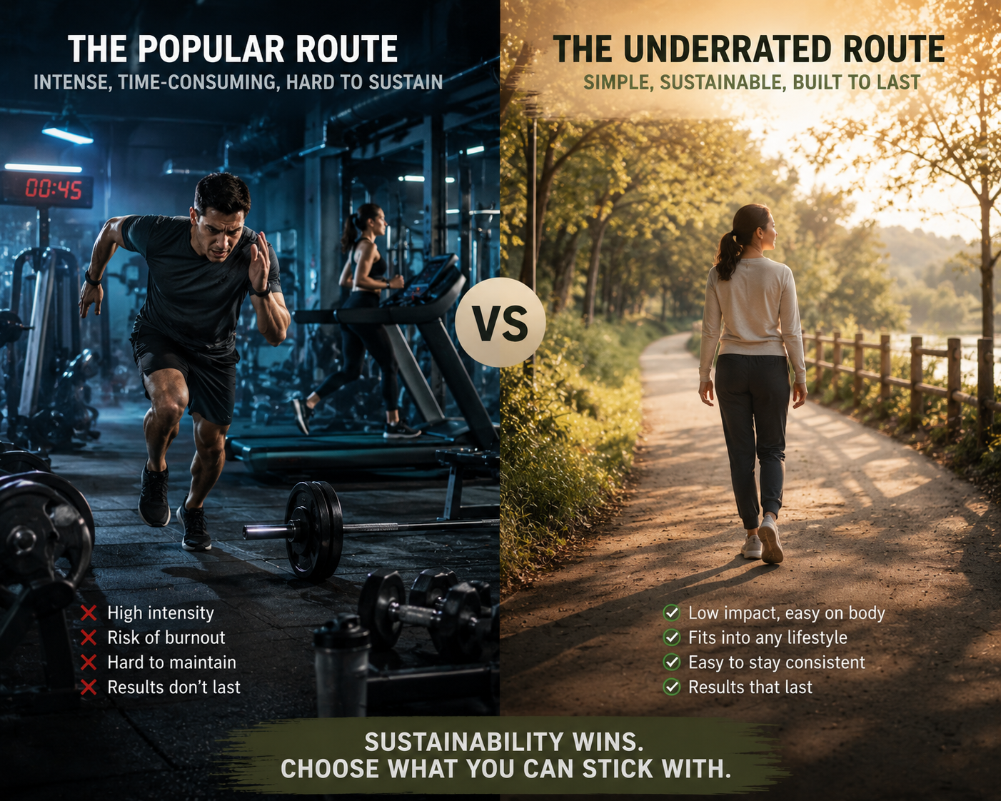 Comparison of high-intensity gym exercise versus sustainable outdoor
walking, highlighting walking as an underrated long-term weight loss method.