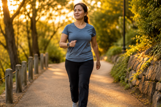 A woman walking briskly on an uphill forest path during sunset, illustrating sustainable weight loss through daily walking. Learn how long to walk to lose weight