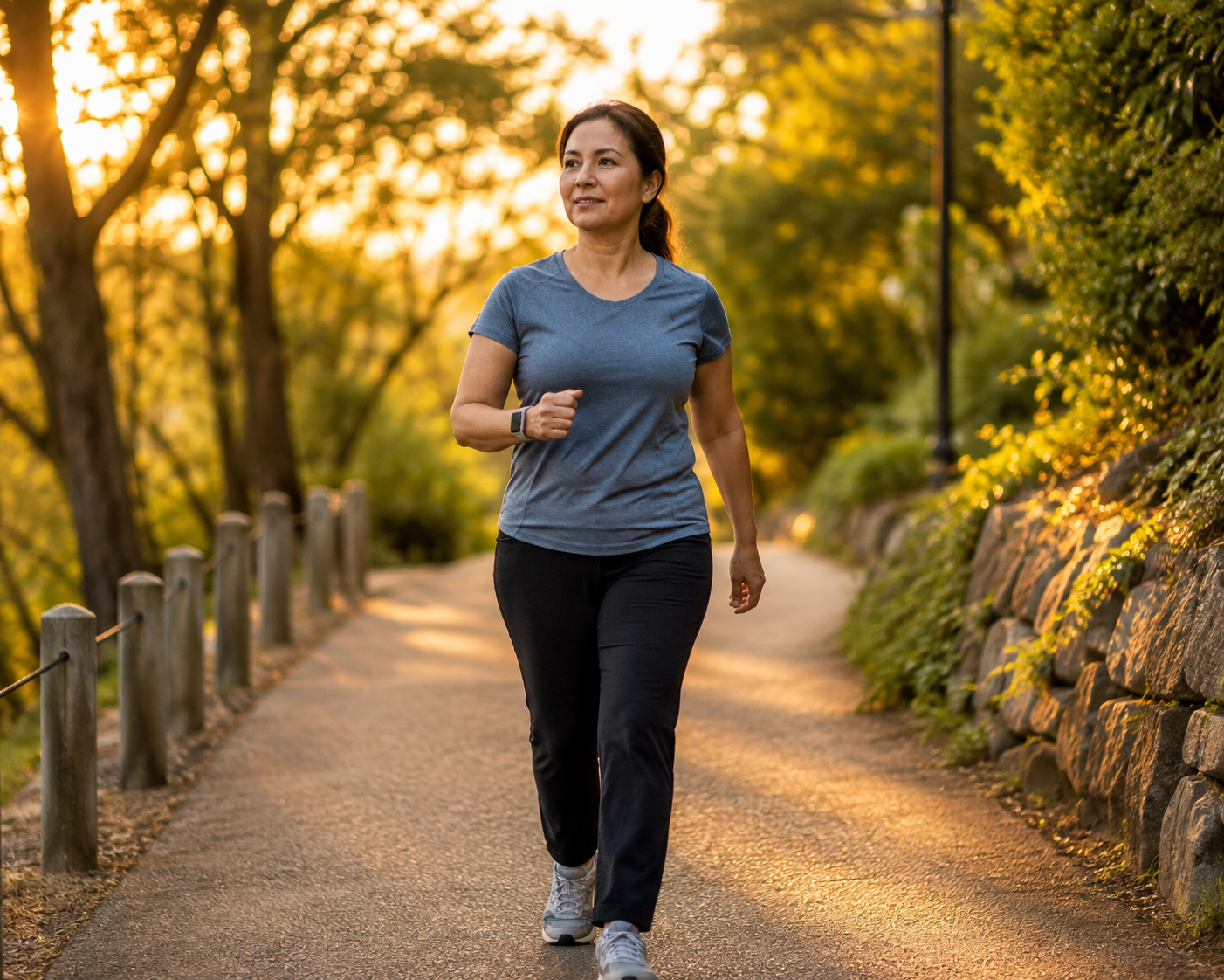 A woman walking briskly on an uphill forest path during sunset, illustrating sustainable weight loss through daily walking. Learn how long to walk to lose weight