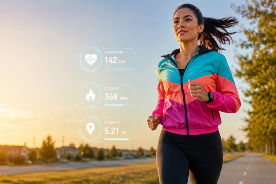 Female runner jogging on a tree-lined suburban path at sunrise with fitness metrics displayed digitally, representing tracking progress in a running-for-weight-loss program how to lose weight running.