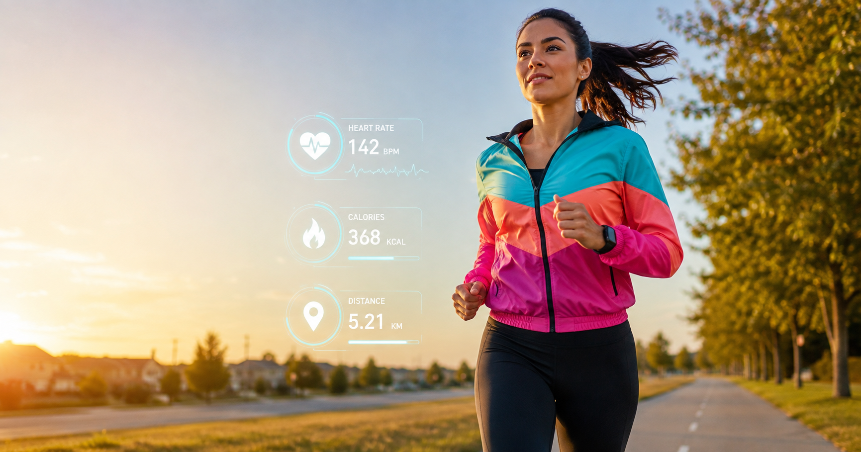Female runner jogging on a tree-lined suburban path at sunrise with fitness metrics displayed digitally, representing tracking progress in a running-for-weight-loss program how to lose weight running.