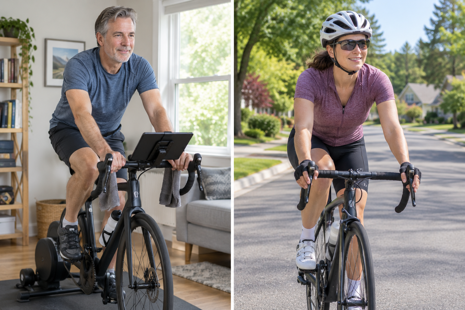 Side-by-side comparison of stationary indoor cycling at home and outdoor road cycling on a suburban street