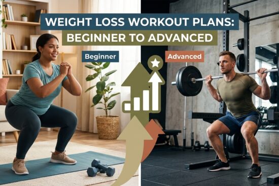Split-screen image showing a beginner athlete performing a dumbbell squat at home and an advanced lifter performing a weighted deadlift, illustrating workout progression from beginner to advanced. Follow the complete guide of weight loss workout plans for beginners