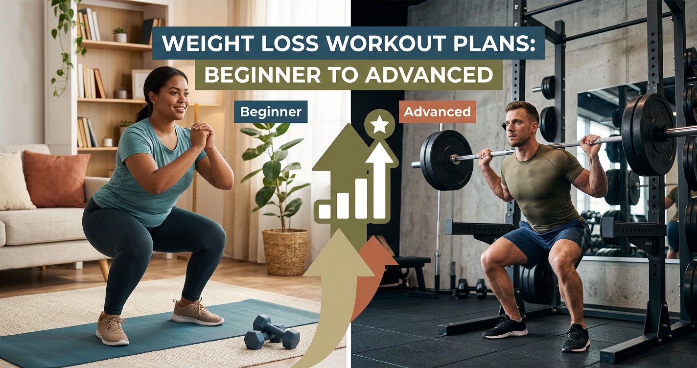 Split-screen image showing a beginner athlete performing a dumbbell squat at home and an advanced lifter performing a weighted deadlift, illustrating workout progression from beginner to advanced. Follow the complete guide of weight loss workout plans for beginners