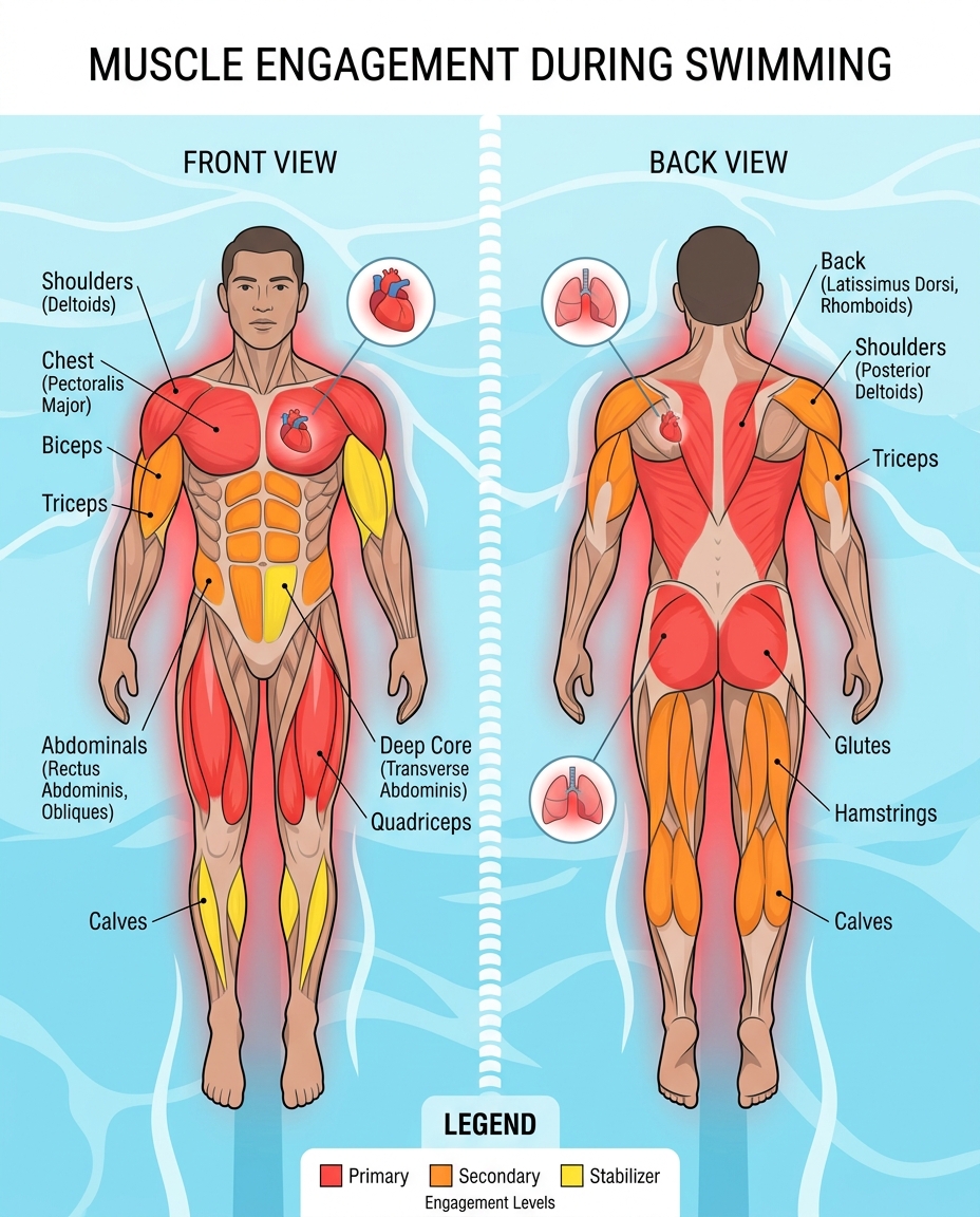 "Anatomical illustration showing muscles engaged during swimming: shoulders, chest, back, core, and legs highlighted in red to demonstrate full-body muscle engagement"