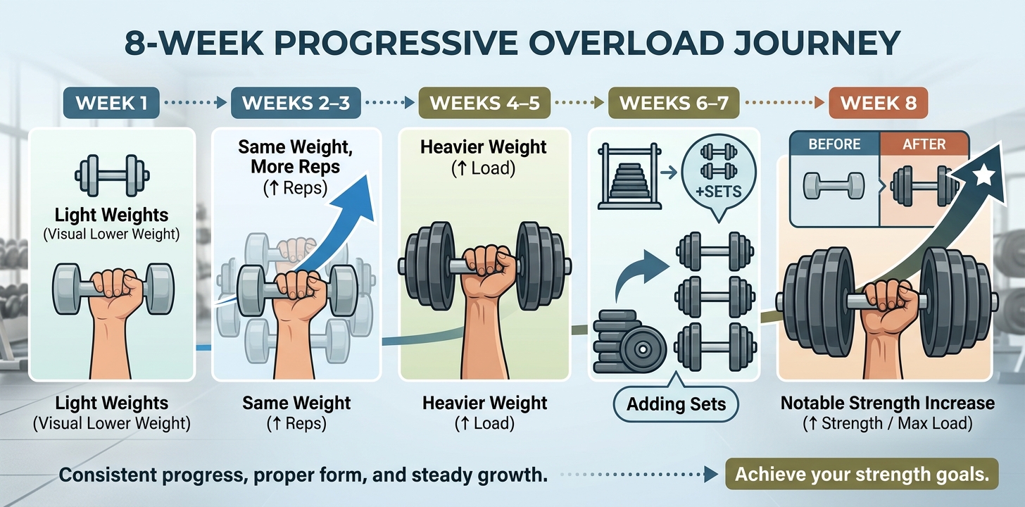 Eight-week progressive overload timeline showing gradual increases in weight, reps, and sets to build strength and fat loss over time.