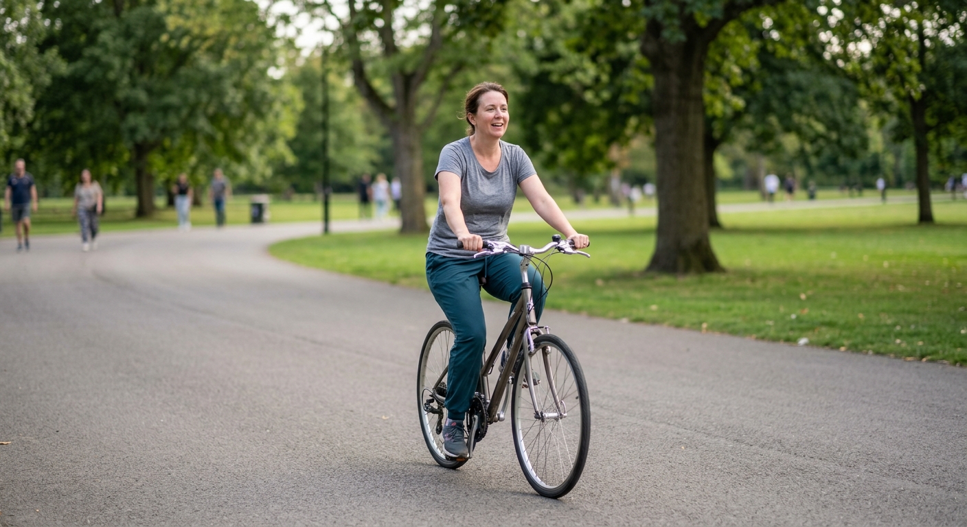 Beginner cyclist riding at an easy, sustainable pace on a flat path, demonstrating the comfortable intensity recommended for starting a weight-loss cycling routine