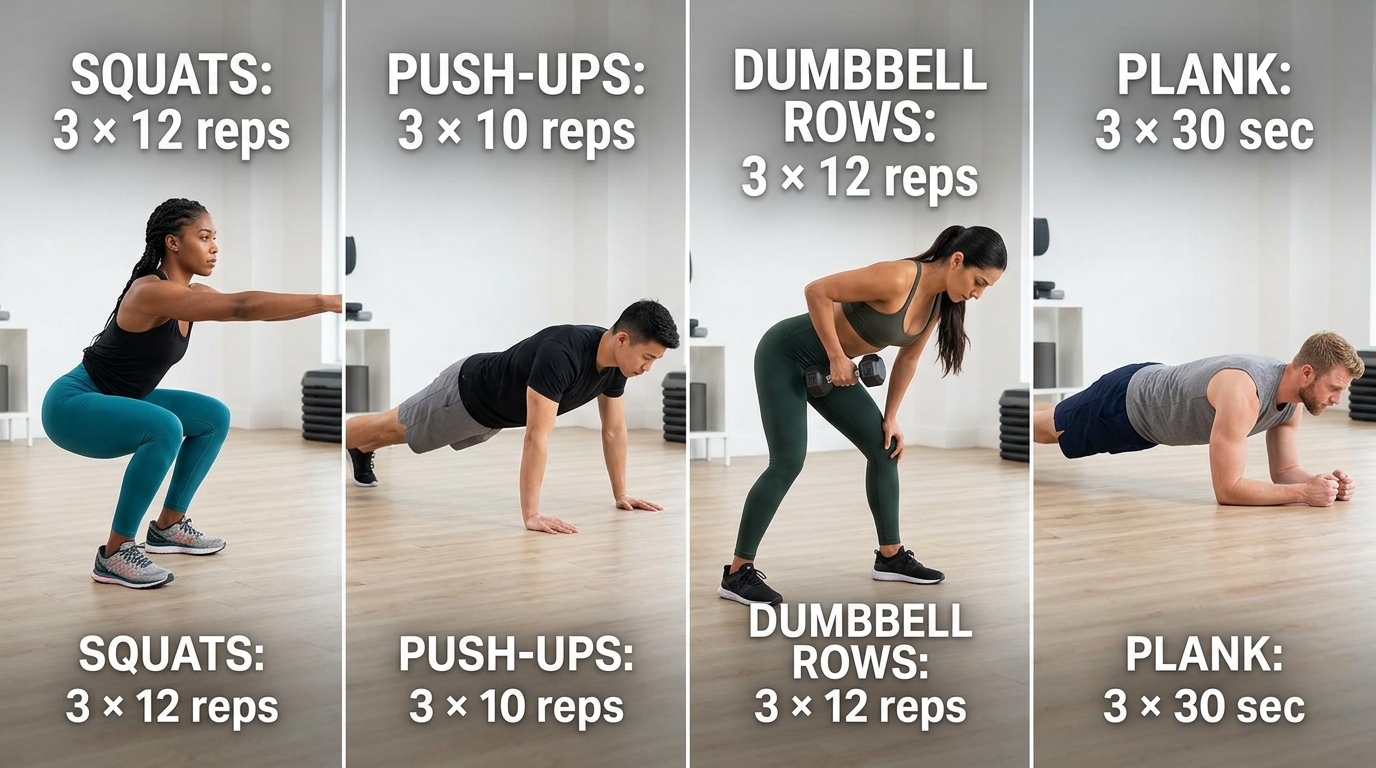 Four beginner strength exercises for weight loss: bodyweight squats, push-ups, dumbbell rows, and planks, each demonstrating proper form and labeled with recommended sets and reps.