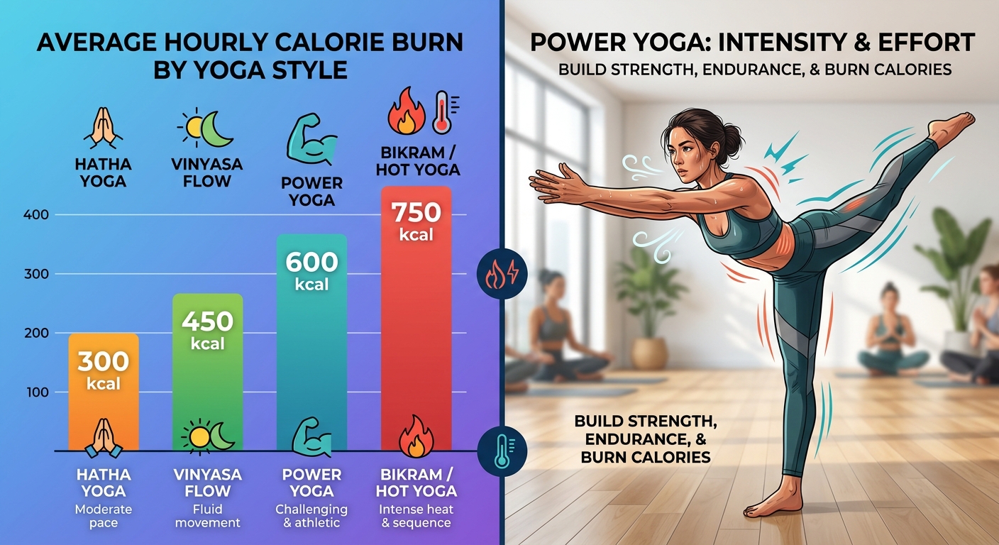 Infographic showing calorie burn comparison by yoga style: Hatha burns 180–240 calories, Vinyasa 350–600, Power yoga 400–700+, and Bikram/Hot yoga 330–460 per 60-minute session.