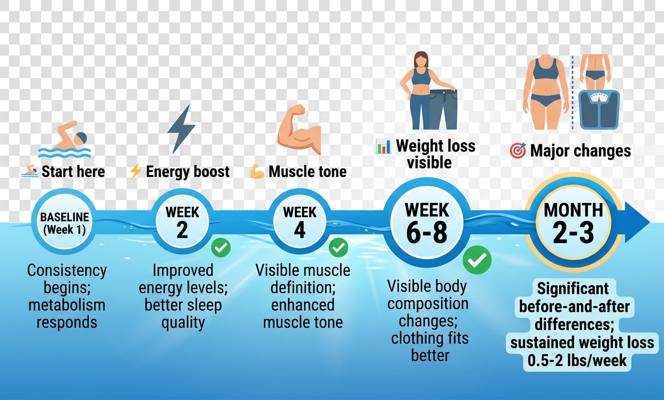 "Timeline infographic showing swimming weight loss progression: energy improvements week 2, muscle definition week 4, visible body changes weeks 6-8, and significant weight loss by month 2-3"